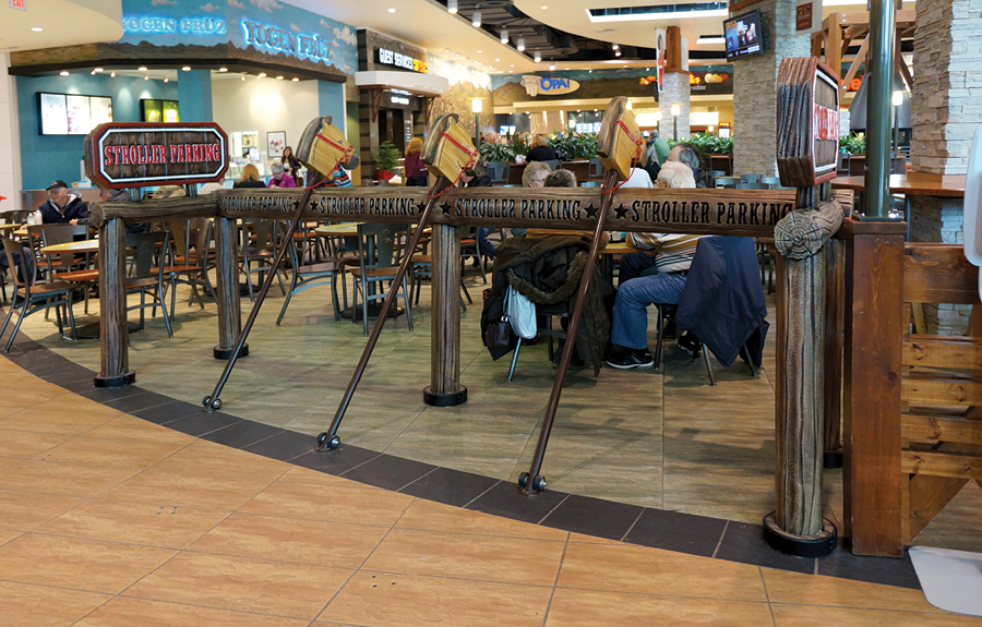 A western themed stroller parking area in a mall